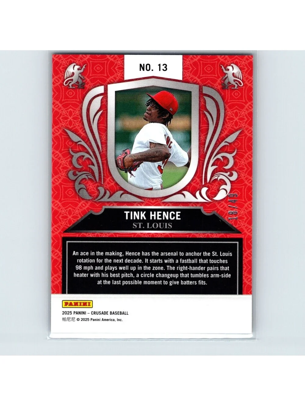 2025 Panini Crusade Tink Hence #13 Crusade Orange #/49 St. Louis Cardinals